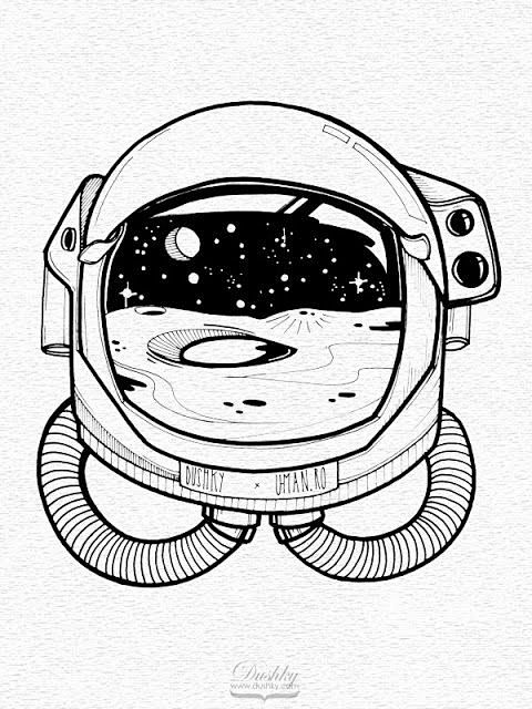 黑白宇航员宇航服太空纹身手稿