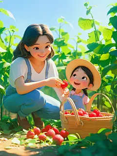 亲子活动采摘园采摘草莓插画