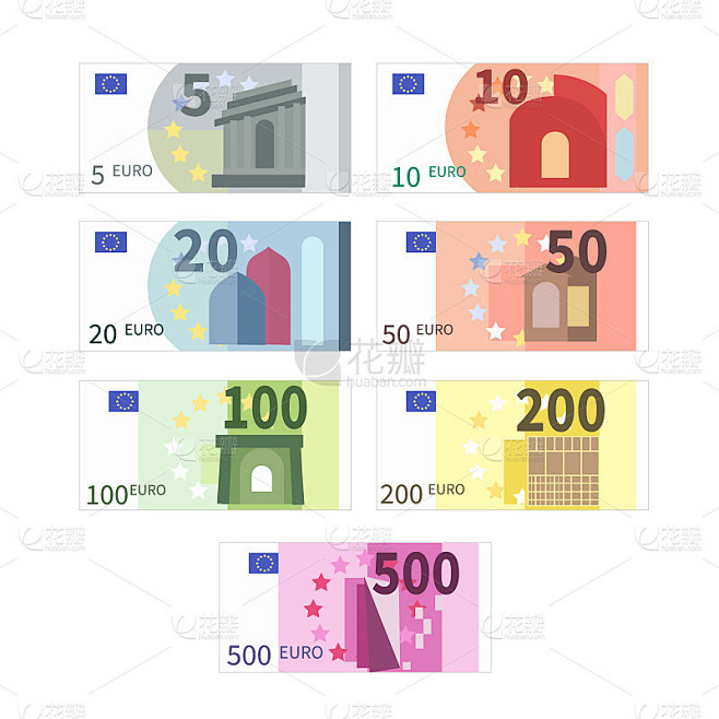 大套不同的欧元钞票。五，十，二十，五十，一百，二百，五百铜在白色上