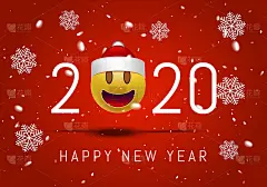 2020年新年贺卡，粉色背景上有戴眼镜的圣诞老人笑脸表情。3d Smiley Emoticon现代设