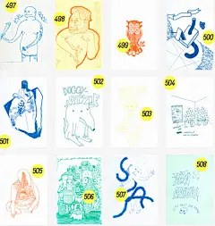 Risograph 508 Calendar | 从2012年两位插画师Philipp Benjamin开始这个年历卡项目，他们一共创作和收集身边朋友的作品508张插画，取名为508，你可按喜好选出365张做成一本年历卡，其余地送给朋友。售价80欧。Risograph印刷在不同的色卡纸上。愿意和加餐面包一起出一个这样的产品吗？ －508calendar.de