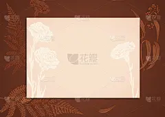 水平矩形框，模板邀请:康乃馨，蕨类，桉树(绿叶):花，叶。棕色复古背景，手绘，雕刻素描风格，植物，矢