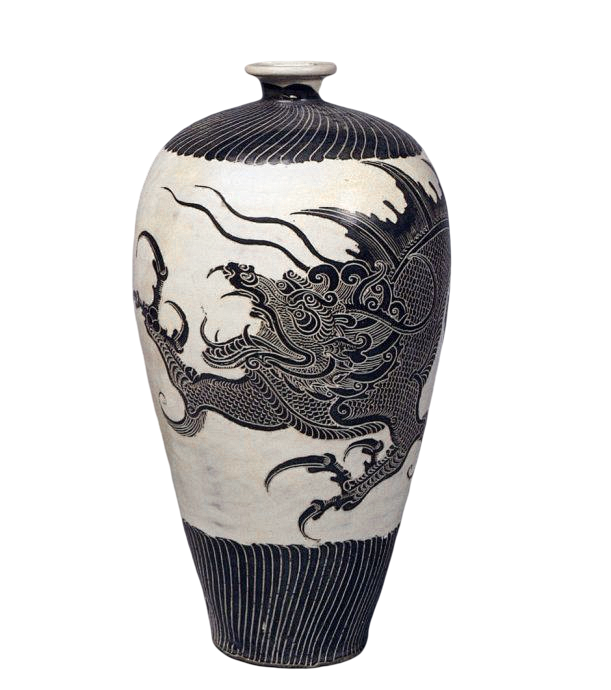 宋 磁州窑黑剔花龙（摩羯）纹梅瓶 日本白鹤美术馆藏