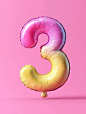 3D realistic number 3 balloon. Holiday illustrations render balloons on a clean background, with studio lighting, in a high-resolution photo, Yellow to magenta gradient with pink background, macaron color scheme, dreamy colors, with crazy details, fine de