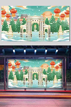 清华园地方特色建筑插画-众图网