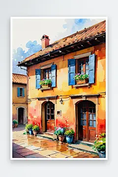 手绘油画老房子四合院儿童插画-众图网