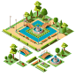 Isometric city park with design elements for garden landscape