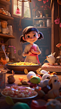 Cute Chinese girl with long bangs, wearing Hanfu and hairband,White apron, holding a shovel, pink headband, big eyes, front view of the character, waving action, brown palette, roast chicken, noodles, chilli and other delicious food on the foreground tabl