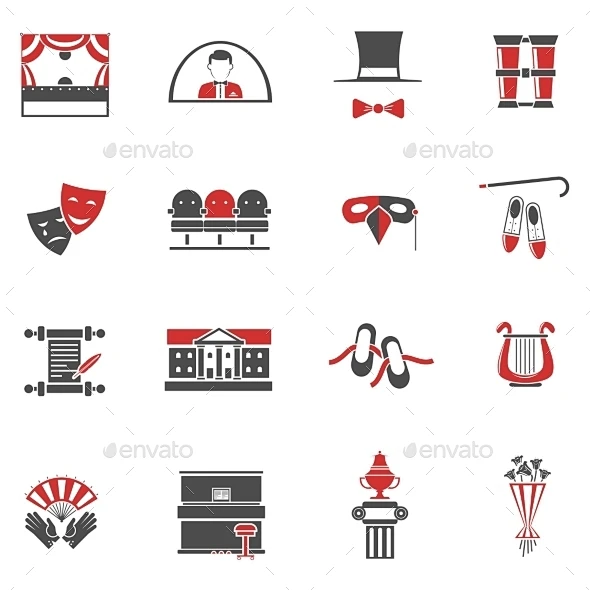 剧场红黑图标设置——抽象的图标Theatre Red Black Icons Set - Abstract Icons芭蕾、博客、商业、收集 ...