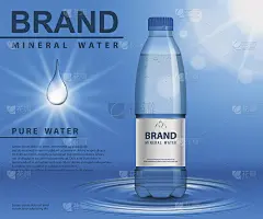 纯矿泉水广告，蓝色背景上有水滴元素的塑料瓶。透明的集装箱模型，用您的品牌设计和广告。逼真的3d插图矢