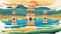 中国风古风建筑著名风景点名胜地区城市印象插画psd绘画素材311-淘宝网