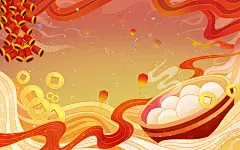 正月十五元宵节喜欢乐吃汤圆国潮春节插画元宵