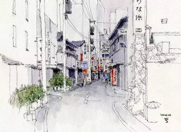 淡彩小镇插画 铅笔淡彩城市街景画 有点色...