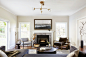 Inspiration for a large transitional formal and open concept dark wood floor and brown floor living room remodel in New York with beige walls, a standard fireplace, a stone fireplace and a wall-mounted tv