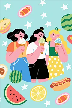 女孩与美食卡通插画
