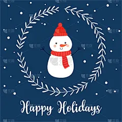节日快乐。圣诞贺卡上有有趣的雪人，装饰花环和简单的卡通风格的字母。