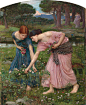 John William Waterhouse，（1849年—1917年），英国新古典主义与拉斐尔前派画家。以其用鲜明色彩、神秘的画风描绘古典神话与传说中的女性人物而闻名于世。在他笔下呈现的女性充满仙气，面孔俊俏，服饰飘逸。更多作品见O网页链接