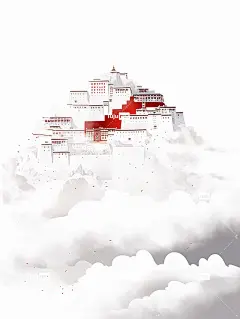 布达拉宫被白色浓雾包围，佛教禅宗平面插图海报
