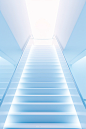 white stair case in the office with white lights, in the style of light sky-blue, surrealistic futuristic, unsettling emptiness, dusseldorf school of photography, minimalistic symmetry, translucent color, realistic hyper-detail