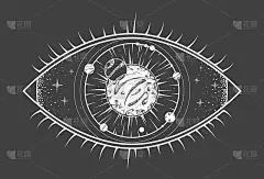 拥有太阳系和全视眼的现代魔术魔术卡。手绘神秘插图