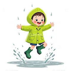 卡通男孩穿雨衣踩水插画素材