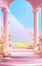 cute pink room with flowers and columns and a view, in the style of naturalistic landscape backgrounds, vibrant stage backdrops, high resolution, resin, childlike illustrations, rounded, high detail