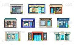 商店或商店建筑与店面的卡通矢量图标零售业务.与时尚市场、旅行社、报摊和公证处的前门和招牌隔离的门面