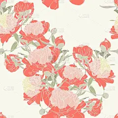 矢量手绘素描插图橙色牡丹花无缝图案。花卉浅黄色背景，织物背景元素，纺织品设计，婚礼. 