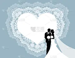 邀请，问候或婚礼贺卡与白色蕾丝和婚礼剪影。