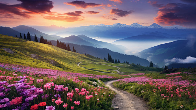 ai绘画风景 大山 小路 鲜花 天空 云 风景桌面壁纸