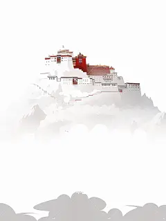布达拉宫被白色浓雾包围，佛教禅宗平面插图海报
