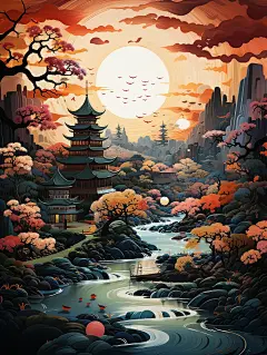 一幅展示河流、中国古代村落、中国古代建筑的油画，设计风格俏皮