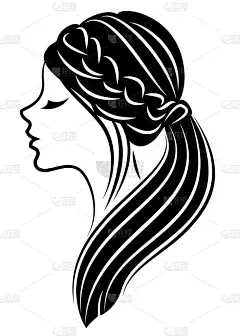 一个甜美女士头的轮廓剪影。一个女孩在长头发和中发上展示一个女性的尾毛发型。适合标识、广告。矢量插图