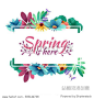 Design banner with  spring is here logo. Card for spring season with white frame and herb. Promotion offer with spring plants, leaves and flowers decoration.  Vector