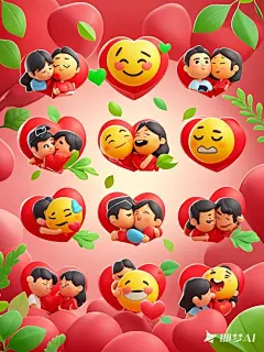 设计出一整套情侣日常专用的微信表情包出来，要求拟物化 (1)