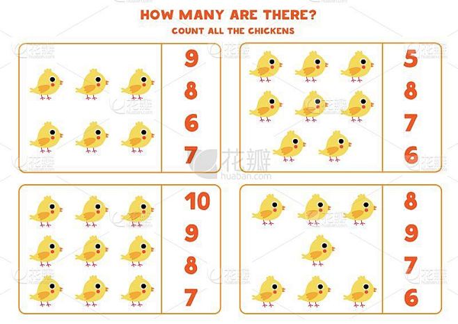 儿童数数游戏。与卡通鸡的数学游戏。