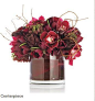 The deep burgundy cymbidiums can be replaced by white cymbidiums and the vase can be a white ceramic.