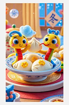 立冬海报设计羊毛毡3D卡通餐盘上