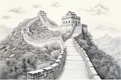 素描长城建筑绘画图片