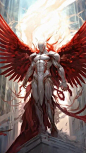 an angel standing on top of a building with red hair and wings flying above it