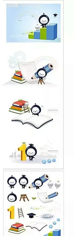 可爱卡通插画ai1|AI|博士帽|插画|创意|凳子|卡漫|卡通|卡通笔|卡通人物|卡通人物图片|卡通梯子|卡哇伊|看书|可爱|绿芽|漫画人物|品质|铅笔|人物素材|人物图片|商业设计|矢量人物|矢量书|书籍|台阶|梯子|图标矢量|写字|纸张|质感
