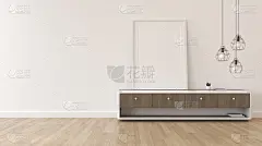 白色墙壁上挂灯和柜子的相框模型。现代室内设计的视角。3 d渲染。