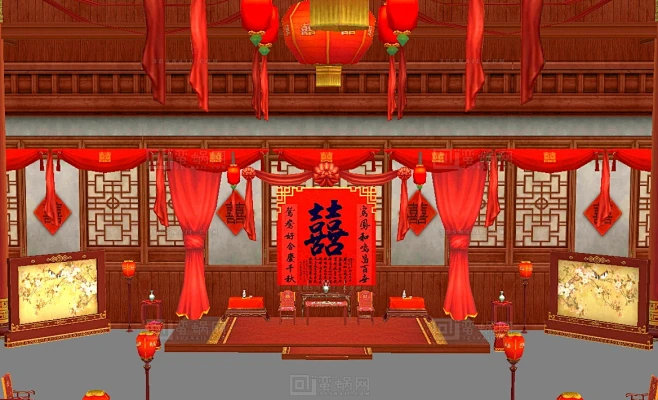 古代婚礼场景 结婚典礼 婚宴场地 拜堂成亲 新婚 新房 宴席 红双喜 喜庆 大红灯笼 酒水 酒席 - 综合模型 蛮蜗网-花瓣网