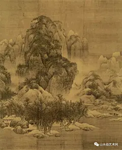 把宋、明古画放大100倍，震撼！（高清组图）_范宽 : 宫廷画家马远，作品多是“高大上”的题材，比如参加皇帝宴会的《华灯侍宴图》、与文人墨客相聚的《江亭望雁图》…… ▲ 隐藏的范宽签名 ▲ 《雪景寒林图》中的雪景小院 …