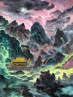 神兽，山水，建筑，仙侠，水，云，荧光色，暗调神话神兽，灿然生光，细腻人像，水墨人像，岩彩版绘，颜色曲线，炫彩光影，潘天寿，常玉
