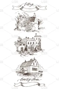 一套乡村景观与老农舍和庭院。手绘插图在复古风格。复古磁带与题字乡村房子和村庄。矢量设计