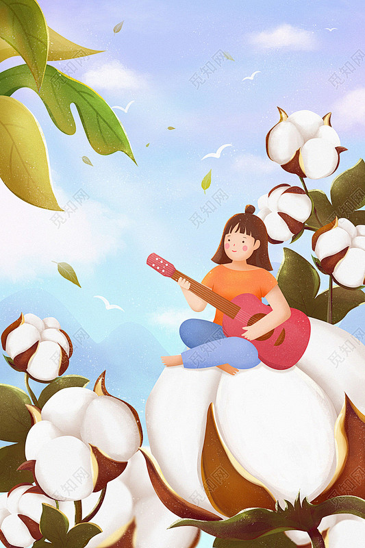 卡通手绘小女孩和棉花寒露24节气寒露插画...