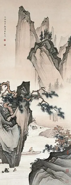陈少梅山水画《松溪泛舟图》