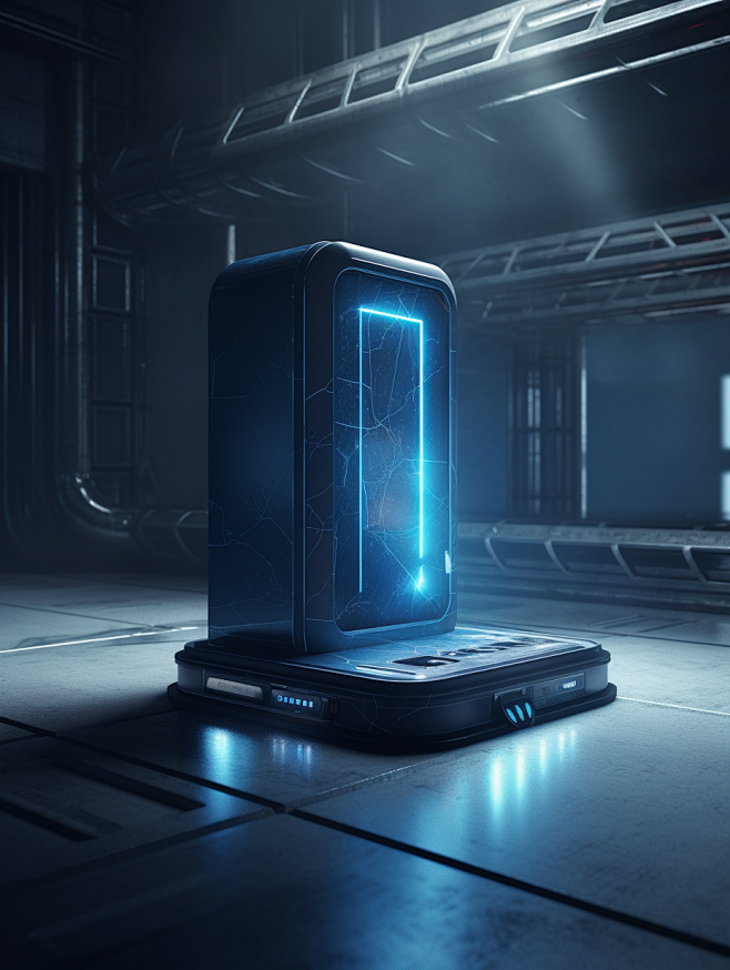 helloworld_A_futuristic_blue_metal_stage_with_a_power_bank_on_i ...