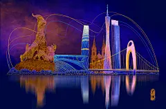 中国风手绘地图素材：广州历史建筑与旅游景点线性插画(110).psd